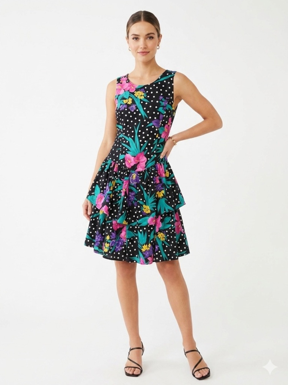 Vintage Style My Way Floral Polka Dot Dress Tiered Ruffle Skirt Made in USA Sz 9